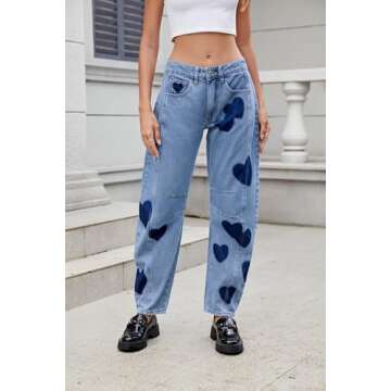 LifeShe Women's Wide Leg Baggy Jeans Low Waist Heart Barrel Loose Jean Valentine's Day Denim Pants