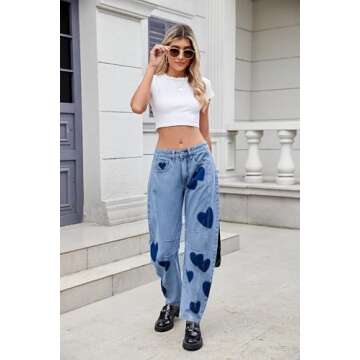 LifeShe Women's Wide Leg Baggy Jeans Low Waist Heart Barrel Loose Jean Valentine's Day Denim Pants
