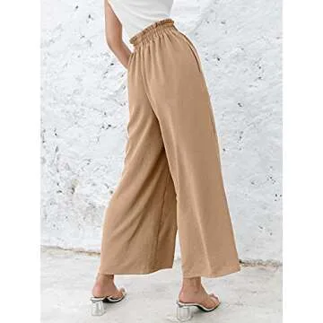 Eteviolet Women's Boho High Waisted Palazzo Pants Summer Beach Wide Leg Flowy Pants(Khaki,M)