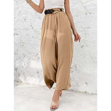 Eteviolet Women's Boho High Waisted Palazzo Pants Summer Beach Wide Leg Flowy Pants(Khaki,M)