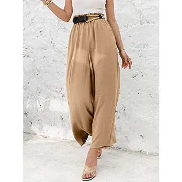 Eteviolet Women's Boho High Waisted Palazzo Pants Summer Beach Wide Leg Flowy Pants(Khaki,M)