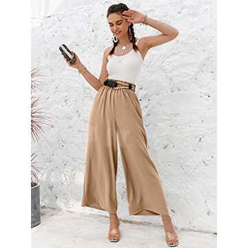 Eteviolet Women's Boho High Waisted Palazzo Pants Summer Beach Wide Leg Flowy Pants(Khaki,M)