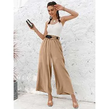 Eteviolet Women's Boho High Waisted Palazzo Pants Summer Beach Wide Leg Flowy Pants(Khaki,M)