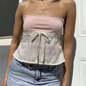 Y2k Fashion Tube Tops for Women Fairy Grunge Boho Bandeau Top Strapless Sexy Sheer Lace Tank 2000s Clothing (Pink White Lace, S)