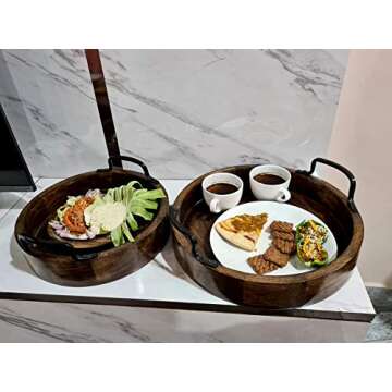 Antique Round Serving Trays Round with Handles Brown Kitchen Accessories Handcrafted Rustic Wooden S...