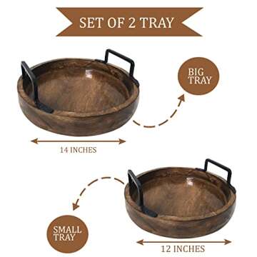 Antique Round Serving Trays Round with Handles Brown Kitchen Accessories Handcrafted Rustic Wooden Set of 2