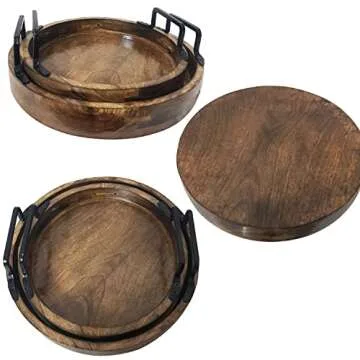 Antique Round Serving Trays Round with Handles Brown Kitchen Accessories Handcrafted Rustic Wooden Set of 2