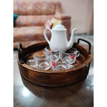 Antique Round Serving Trays Round with Handles Brown Kitchen Accessories Handcrafted Rustic Wooden Set of 2