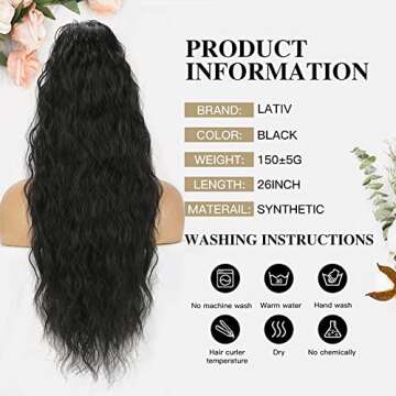 Lativ Ponytail Extension Long Curly Drawstring Ponytail Black Natural Looking Clip In Ponytail Hair Extension for Women Synthetic Heat Resistant Hairpieces for Daily Use 26 inches