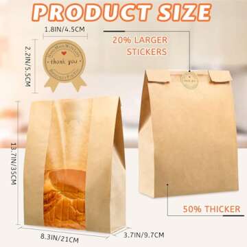 50 Pcs Bread Bags for Homemade Bread, Sourdough Paper Bread Bags With Window, 50% Thicker 13.7x8.2x3.7in A Large Bakery Bags Used for Storage Bread Cookies & Snacks, 60 Cute Sealing Stickers With Ties
