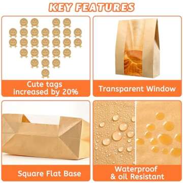50 Pcs Bread Bags for Homemade Bread, Sourdough Paper Bread Bags With Window, 50% Thicker 13.7x8.2x3.7in A Large Bakery Bags Used for Storage Bread Cookies & Snacks, 60 Cute Sealing Stickers With Ties