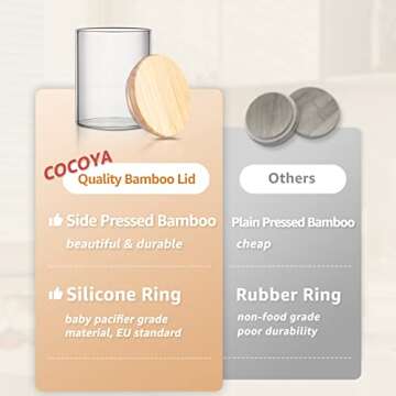 COCOYA 12 FL Oz Glass Jars with Bamboo Lid Set, 8Pack UPGRADE Clear Food Storage Canisters Kitchen Pantry Containers, for Spice Herb Nuts Tea Seed Seasoning Dry Foods Bean Sugar Snack Candy