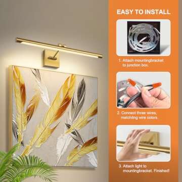 LED Picture Light Fixtures 24.4 Inches, Full Metal Artwork Wall Lamp with Single Swing Arm, 14W (70W Eqv.), Hardwired Connection, Non-Dimmable, 3000K Warm White, CRI80+, Golden-Like Brass Finish