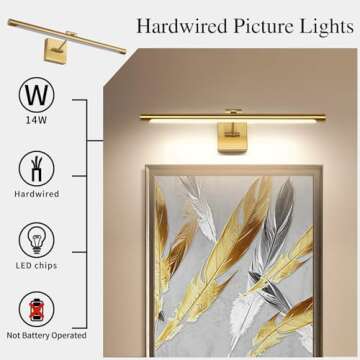 LED Picture Light Fixtures 24.4 Inches, Full Metal Artwork Wall Lamp with Single Swing Arm, 14W (70W Eqv.), Hardwired Connection, Non-Dimmable, 3000K Warm White, CRI80+, Golden-Like Brass Finish