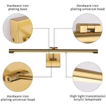 LED Picture Light Fixtures 24.4 Inches, Full Metal Artwork Wall Lamp with Single Swing Arm, 14W (70W Eqv.), Hardwired Connection, Non-Dimmable, 3000K Warm White, CRI80+, Golden-Like Brass Finish