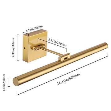 LED Picture Light Fixtures 24.4 Inches, Full Metal Artwork Wall Lamp with Single Swing Arm, 14W (70W Eqv.), Hardwired Connection, Non-Dimmable, 3000K Warm White, CRI80+, Golden-Like Brass Finish