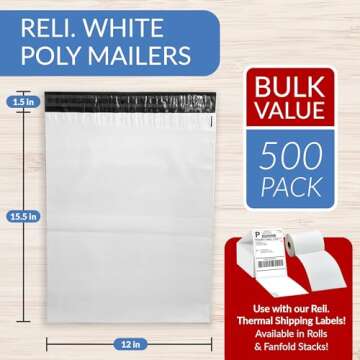 Reli. Poly Mailers 12x15.5 | 500 Pcs Bulk | Self-Sealing Shipping Bags for Clothing
