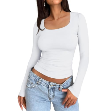 Trendy Queen Womens Long Sleeve Shirts Crop Tops Basic Tight Slim Fit Y2K T Shirts Winter Clothes 2024 White M
