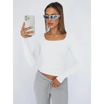 Trendy Queen Womens Long Sleeve Shirts Crop Tops Basic Tight Slim Fit Y2K T Shirts Winter Clothes 2024 White M
