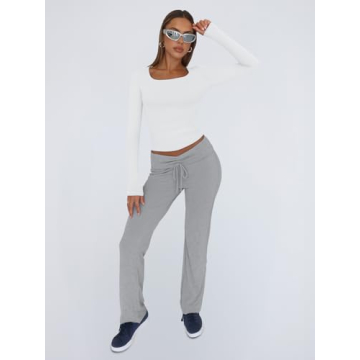 Trendy Queen Womens Long Sleeve Shirts Crop Tops Basic Tight Slim Fit Y2K T Shirts Winter Clothes 2024 White M