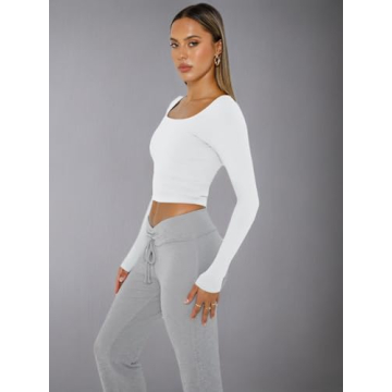 Trendy Queen Womens Long Sleeve Shirts Crop Tops Basic Tight Slim Fit Y2K T Shirts Winter Clothes 2024 White M