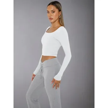 Trendy Queen Womens Long Sleeve Shirts Crop Tops Basic Tight Slim Fit Y2K T Shirts Winter Clothes 2024 White M