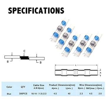 Kuject 300PCS Blue Solder Seal Wire Connectors, Waterproof Self Solder Heat Shrink Butt Connector Solder Sleeve Electrical Butt Splice for Automotive Marine Boat Trailer Truck 16-14 Awg