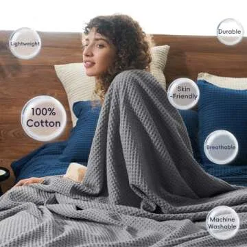 PHF 100% Cotton Waffle Weave Blanket Queen Size 90"x90" - Lightweight Washed Soft Cozy Breathable Throw - Great Layer for Couch Bed Sofa - Elegant Aesthetic Home Decoration Gift - Charcoal