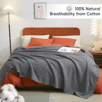 PHF 100% Cotton Waffle Weave Blanket Queen Size 90"x90" - Lightweight Washed Soft Cozy Breathable Throw - Great Layer for Couch Bed Sofa - Elegant Aesthetic Home Decoration Gift - Charcoal