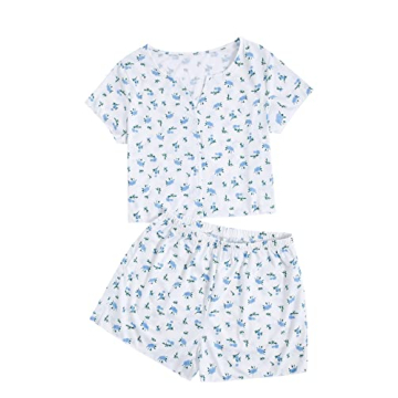 Verdusa Women's 2-Piece Button Down Short Sleeve Ditsy Floral Pajama Set - Comfortable Sleepwear in ...