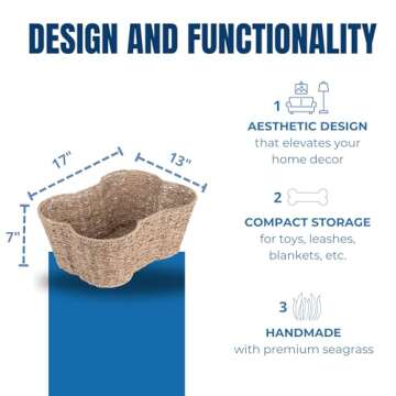 Dog Toy Basket, Seagrass Boned Shaped Pet Organizer And Storage, Toy Box for Cats, (17x13" Seagrass)