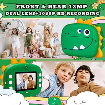 WQ Kids Camera Instant Print, 1080P Dinosaur Digital Print Camera for Kids with Dual Lens,Selfie Video Camera with Phone Connected,Instant Print Camera for Boys Girls 3-12