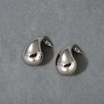 Chunky Gold Hoop Earrings for Women, Lightweight Waterdrop Hollow Open Hoops Tear Drop Silver Gold Trending Oversized Statement Style Earrings Hypoallergenic Gold Plated Earrings Fashion Jewelry for Women（Silver）