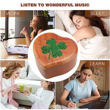 Four Leaf Clover Lucky Wooden Music Box Vintage Heart Shaped Wind Up Musical Box Toys Gifts