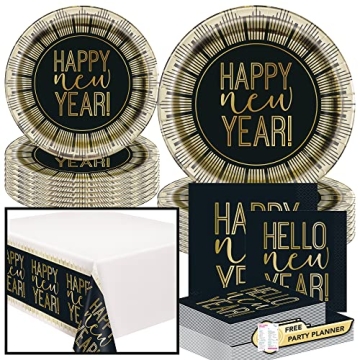 Unique Roaring Happy New Year! Dinnerware Party Bundle for 8 - Table Cover, 16 Luncheon & Beverage N...