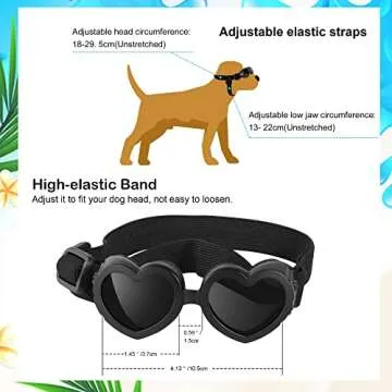 IKUSO Dog Sunglasses Small Breed,UV Protection Dog Sunglasses with Adjustable Strap, Heart Dog Goggles for Waterproof Windproof Anti-Fog Eye Protection,Beach Accessories for Puppy (Black)
