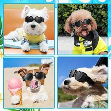 IKUSO Dog Sunglasses Small Breed,UV Protection Dog Sunglasses with Adjustable Strap, Heart Dog Goggles for Waterproof Windproof Anti-Fog Eye Protection,Beach Accessories for Puppy (Black)