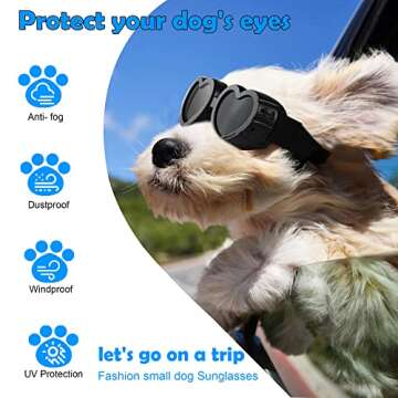 IKUSO Dog Sunglasses Small Breed,UV Protection Dog Sunglasses with Adjustable Strap, Heart Dog Goggles for Waterproof Windproof Anti-Fog Eye Protection,Beach Accessories for Puppy (Black)