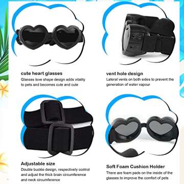 IKUSO Dog Sunglasses Small Breed,UV Protection Dog Sunglasses with Adjustable Strap, Heart Dog Goggles for Waterproof Windproof Anti-Fog Eye Protection,Beach Accessories for Puppy (Black)