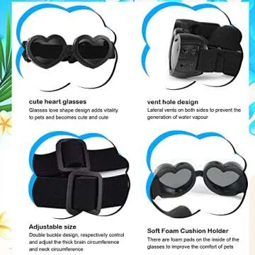 IKUSO Dog Sunglasses Small Breed,UV Protection Dog Sunglasses with Adjustable Strap, Heart Dog Goggles for Waterproof Windproof Anti-Fog Eye Protection,Beach Accessories for Puppy (Black)