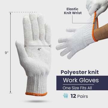 FMP Brands 12 Pairs Knitted White Cotton Gloves, Safety Cotton Work Gloves Men Women, Bulk Cloth Glo...