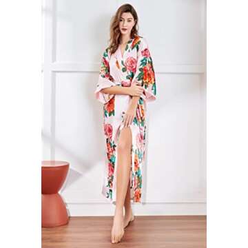 BABEYOND Women's Kimono Robe Long Satin Silky Floral Lightweight Bridesmaid Wedding Bachelorette Party Robe