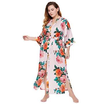 BABEYOND Women's Kimono Robe Long Satin Silky Floral Lightweight Bridesmaid Wedding Bachelorette Party Robe