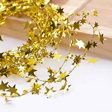CCINEE 75 Feet Star Tinsel Garlands with Wire, Christmas Star Wire Garland Decorations for Xmas Tree Home Wedding Birtahday Party Festive Ornament, Golden, 3 Pack