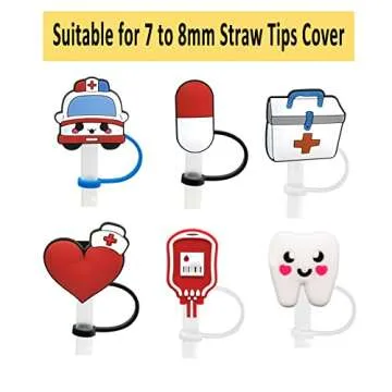 6pcs Straw Cover, Medical Silicone Straw Tips, Reusable Drinking Straw Cap Lids Cap, Dust-proof Straw Plug for 7-8 mm Straw Gifts for Nurse Doctor (Medical Theme)