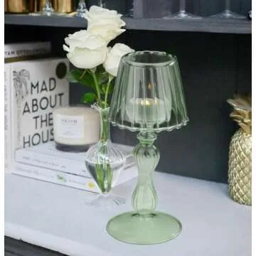 Gurfuy Desk Lamp Shaped Glass Candle Holder - Glass Hurricane Candleholder Crystal Decorative Candle Stand for Table Wedding Dinning Centerpieces Party Supplies Decor DarkGreen