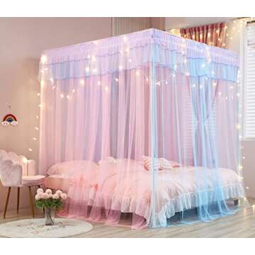 Mengersi Rainbow Canopy Bed Curtains with Lights - Princess Bed Canopy for Girls - Bed Drapes Nettin...