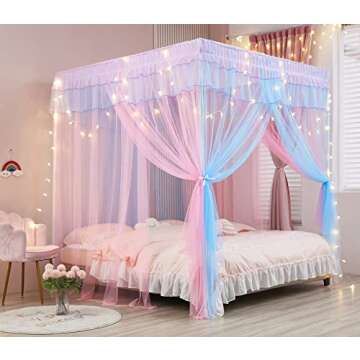 Mengersi Rainbow Canopy Bed Curtains with Lights - Princess Bed Canopy for Girls - Bed Drapes Netting- Bedroom Decoration Accessories,Twin