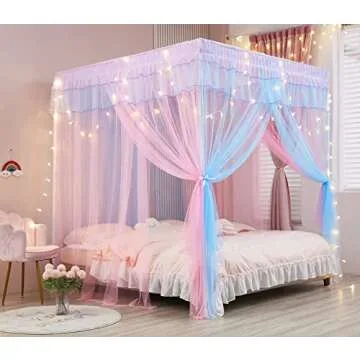 Mengersi Rainbow Canopy Bed Curtains with Lights - Princess Bed Canopy for Girls - Bed Drapes Netting- Bedroom Decoration Accessories,Twin