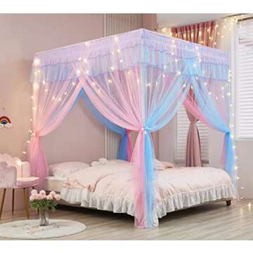 Mengersi Rainbow Canopy Bed Curtains with Lights - Princess Bed Canopy for Girls - Bed Drapes Netting- Bedroom Decoration Accessories,Twin